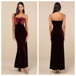 Lulus Dramatic Stunner Burgundy Velvet Bow Strapless Maxi Dress